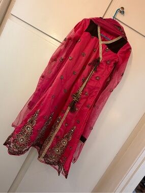 Pakistani dress Embellished Fuchsia Party Dress with brown Accents